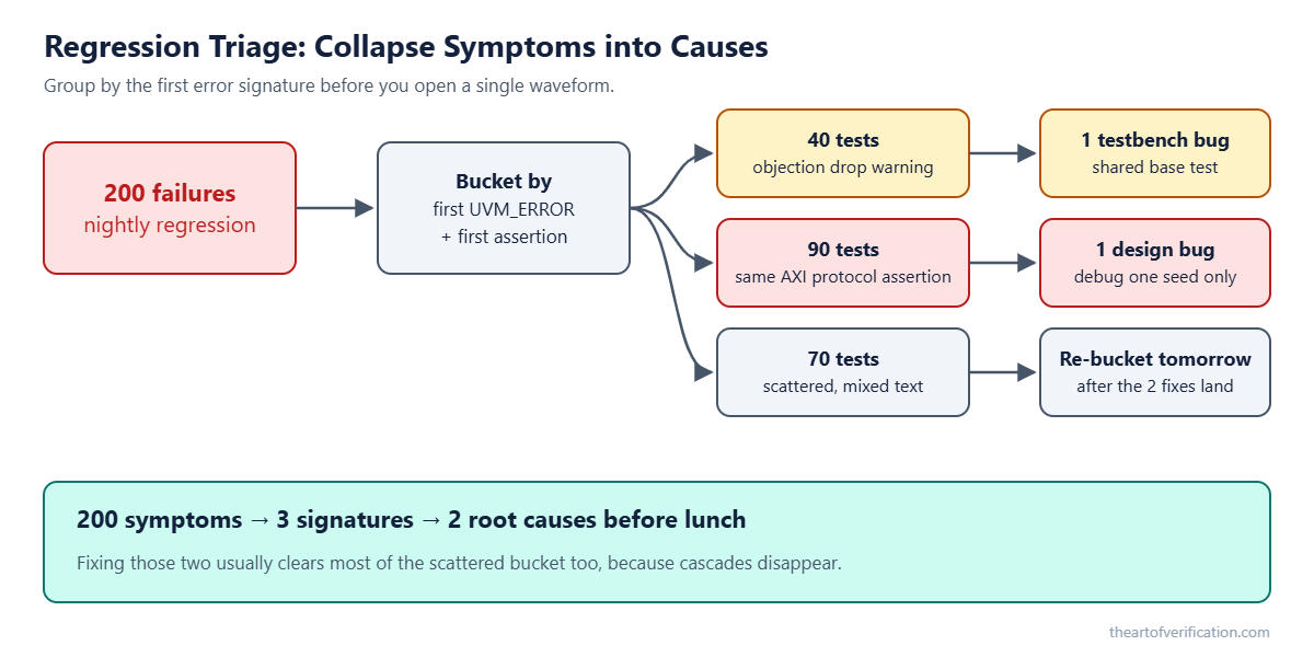Regression triage funnel collapsing 200 failures into 3 error signatures and 2 root causes