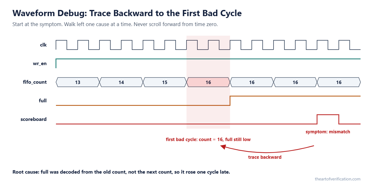 Waveform debug example tracing a FIFO full flag bug backward from the scoreboard mismatch to the first bad cycle